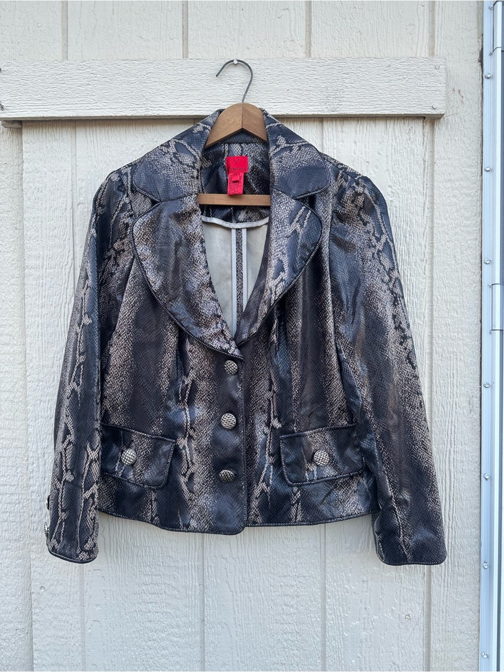 V Cristina Snake-Print Leather Blazer Jacket - Gray/Brown
